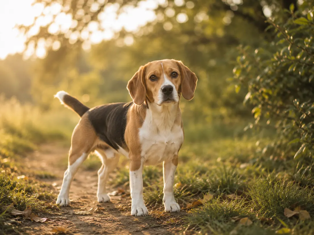 Beagle auf einem Weg im warmen Abendlicht