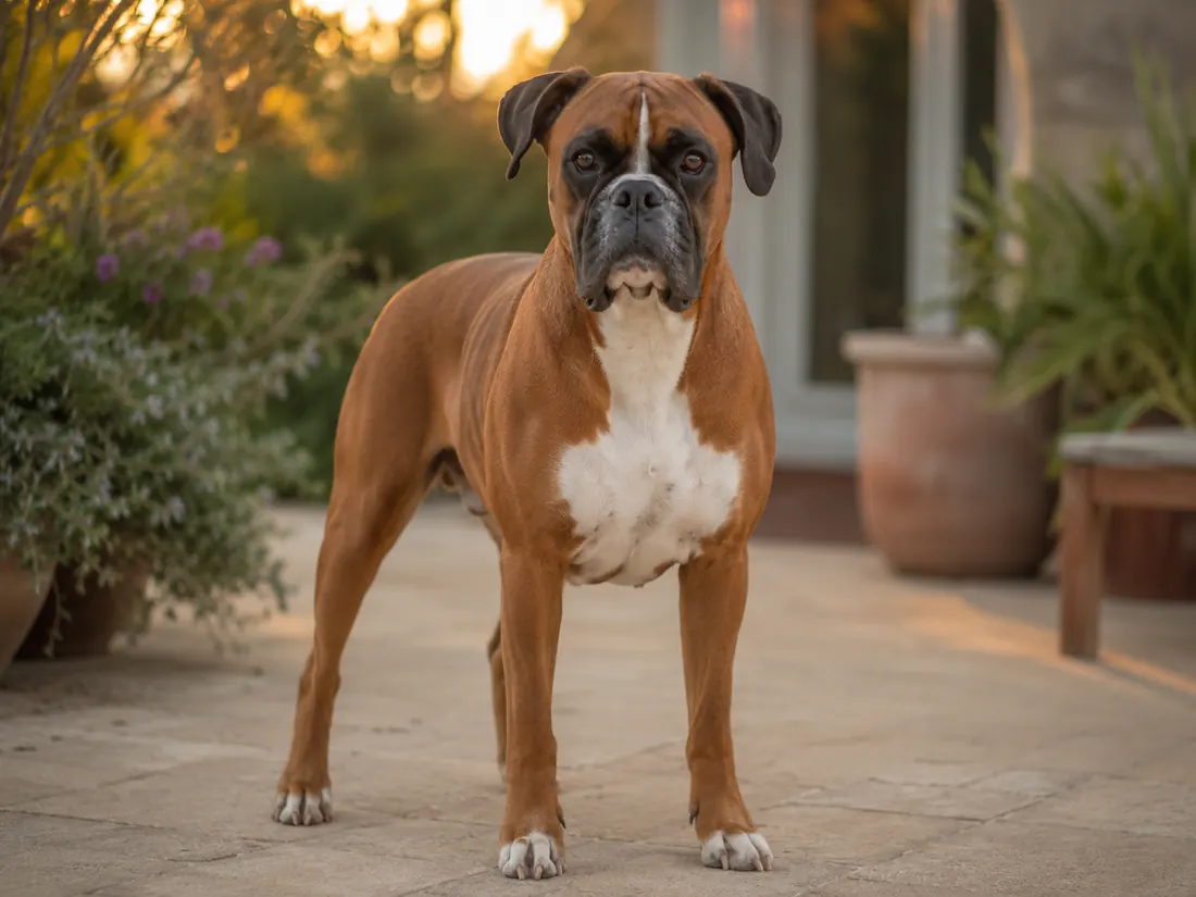 Boxer in einem Garten im Abendlicht
