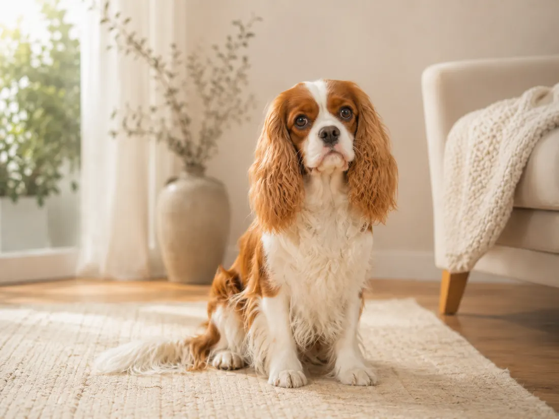 Cavalier King Charles Spaniel in einem hellen Wohnraum