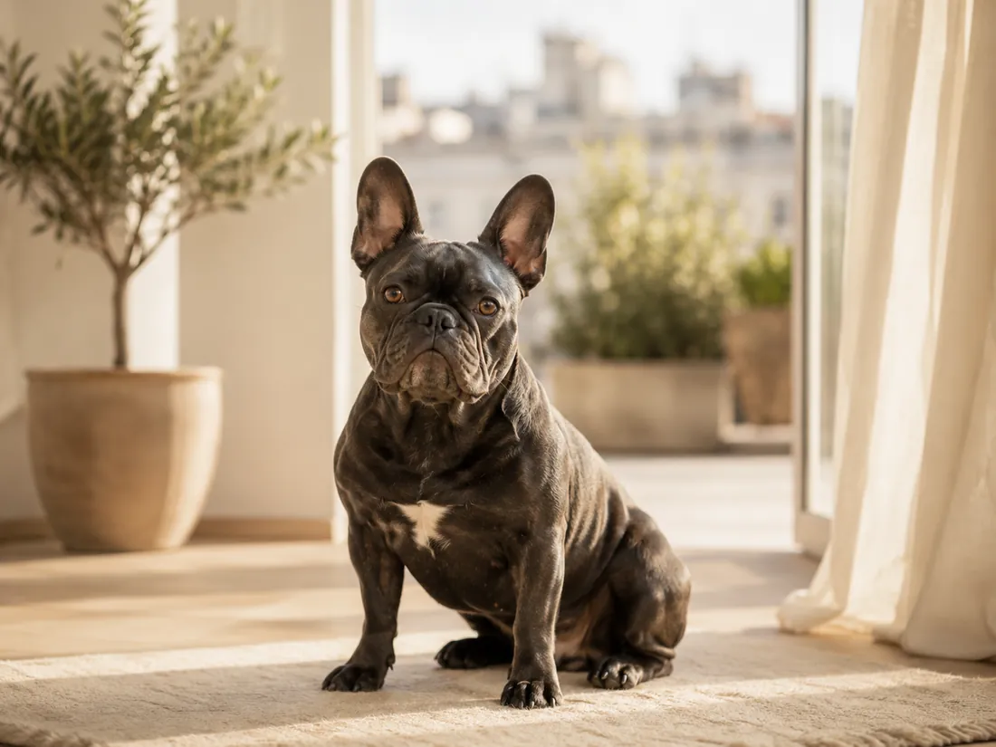 Französische Bulldogge in einem hellen Wohnraum
