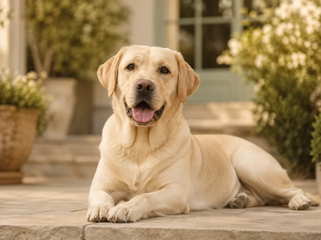 Labrador Retriever im warmen Gartenlicht